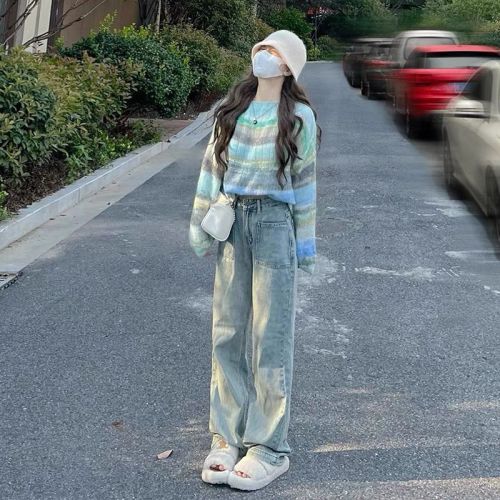 French lazy style loose 2024 spring new mohair striped sweater wide-leg pants jeans suit