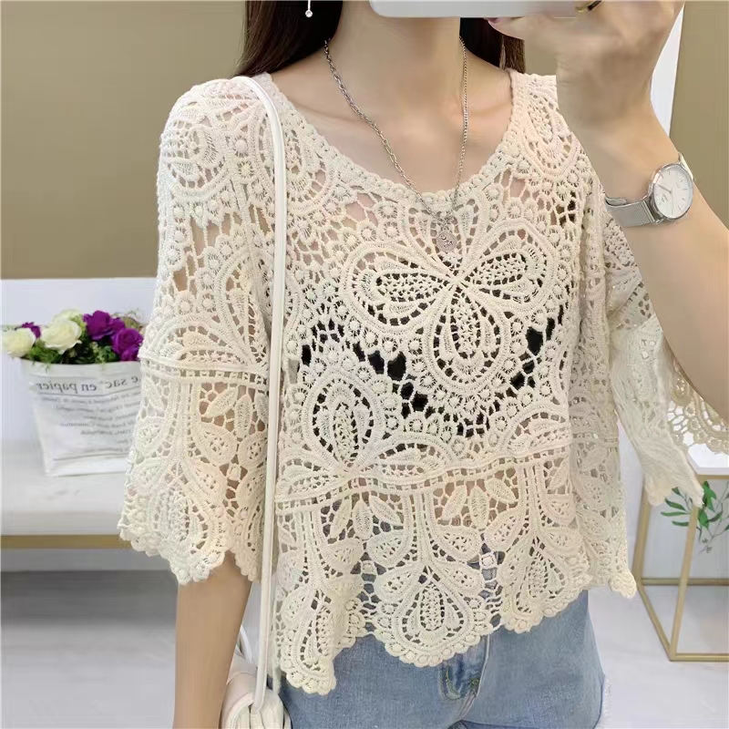 2024 summer new hook pattern hollow lace shirt thin knitted top pullover loose blouse