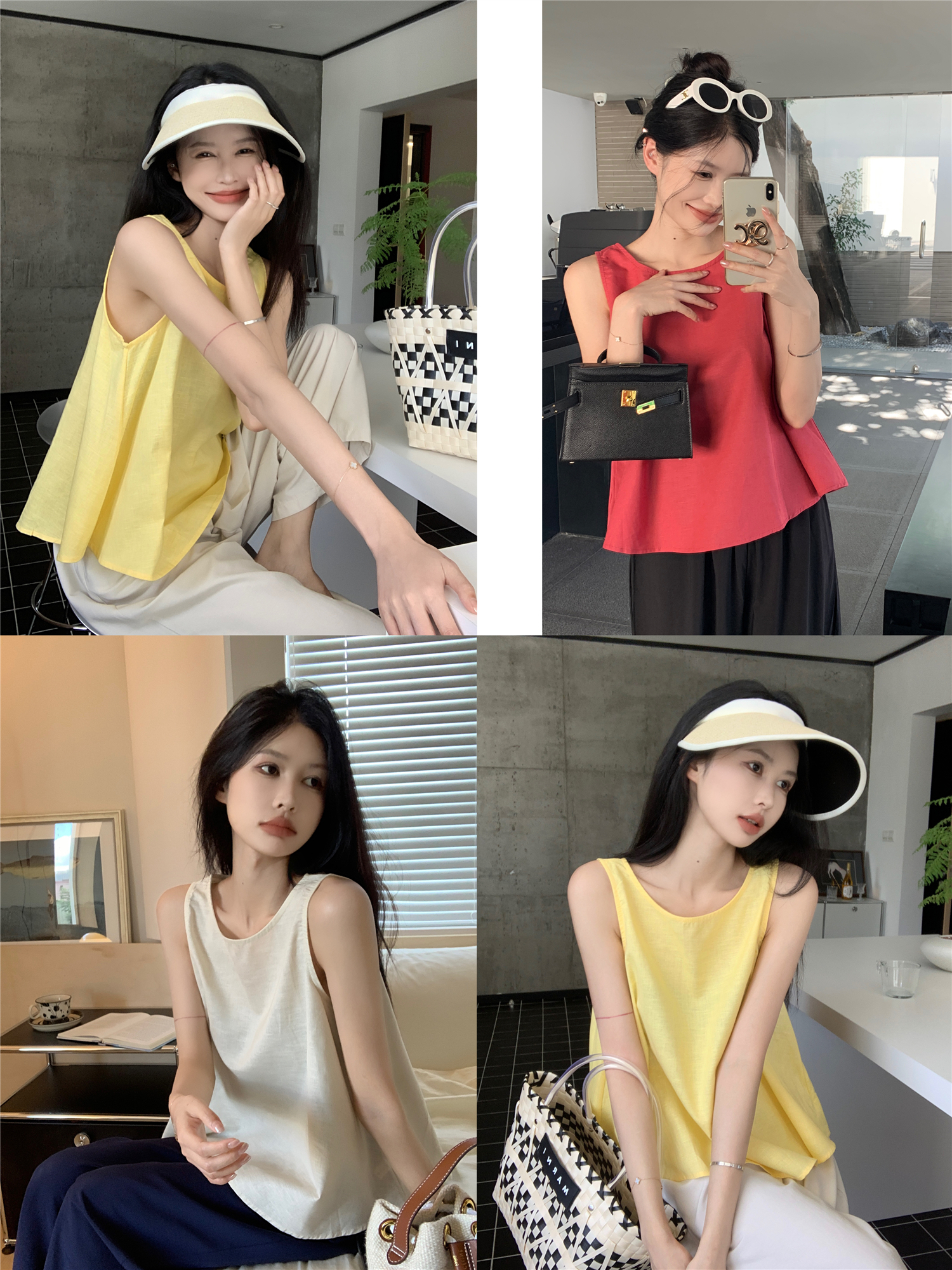 Real shot ~ Linen sleeveless vest for women in summer, loose wide-hem slimming top, loose wide-leg pants suit