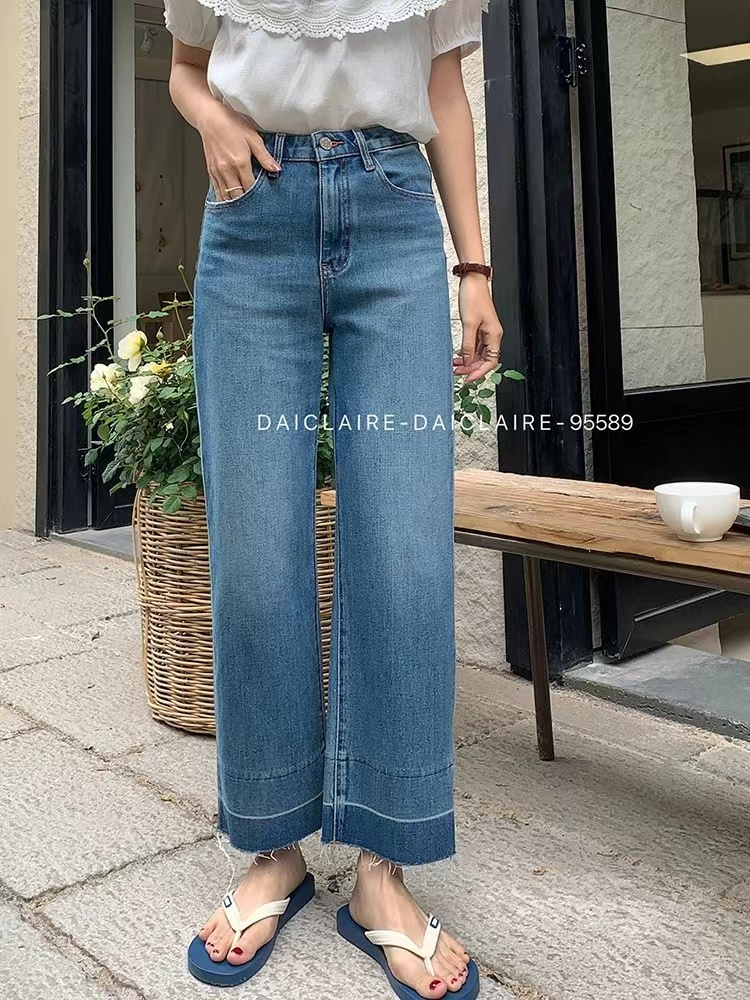 代嘉兒daiclaire牛仔褲女春季高腰彈力寬鬆九分直筒闊腿褲潮95589