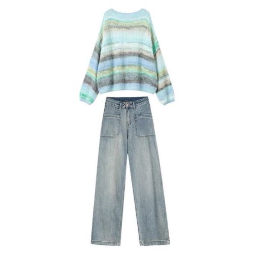 French lazy style loose 2024 spring new mohair striped sweater wide-leg pants jeans suit