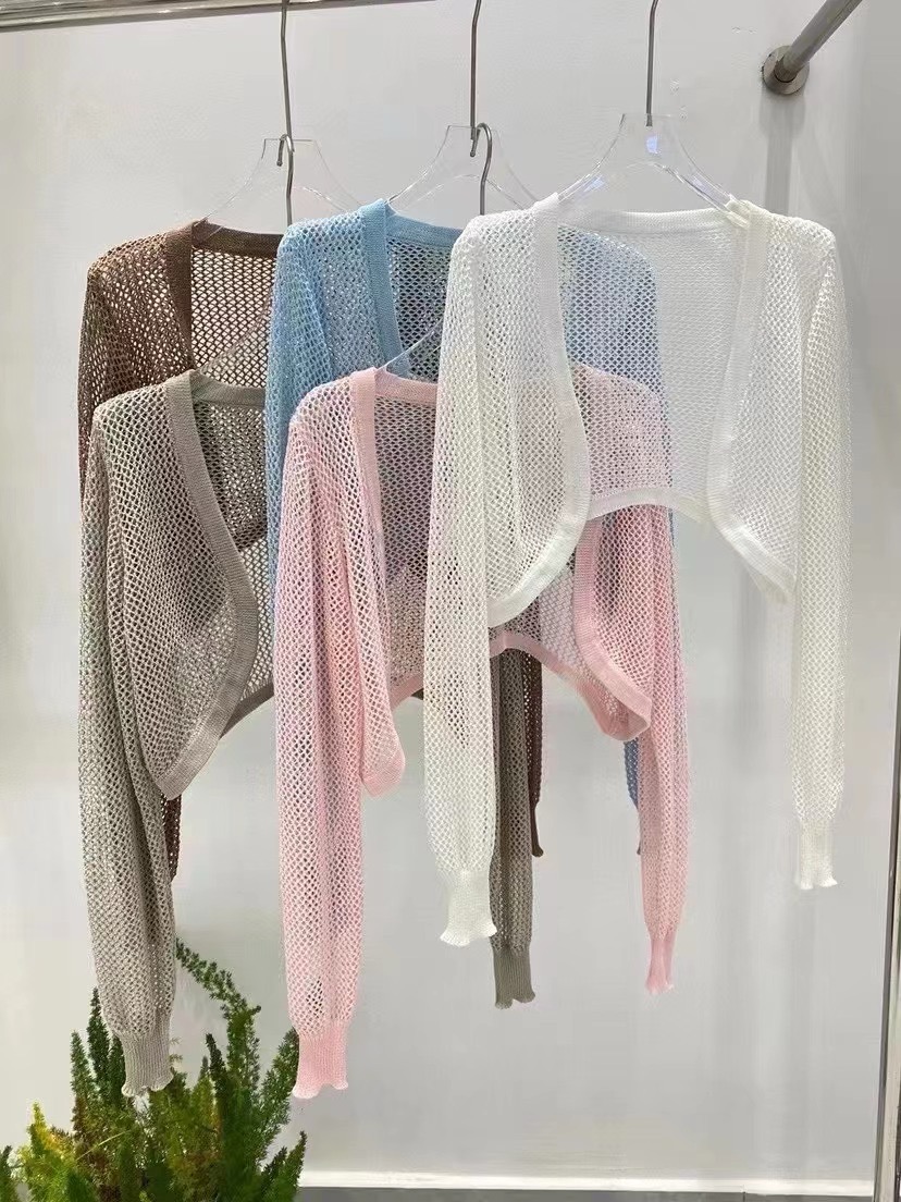 SASA Korean fashion simple and versatile solid color hollow long-sleeved sweater for women summer new sun protection cardigan top