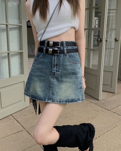 Real shot of retro denim skirt for women spring 2024 new hot girl high waist with lining and free belt