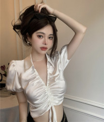 Actual shot of designer POLO collar short-sleeved shirt puff-sleeved drawstring lapel shirt top for women