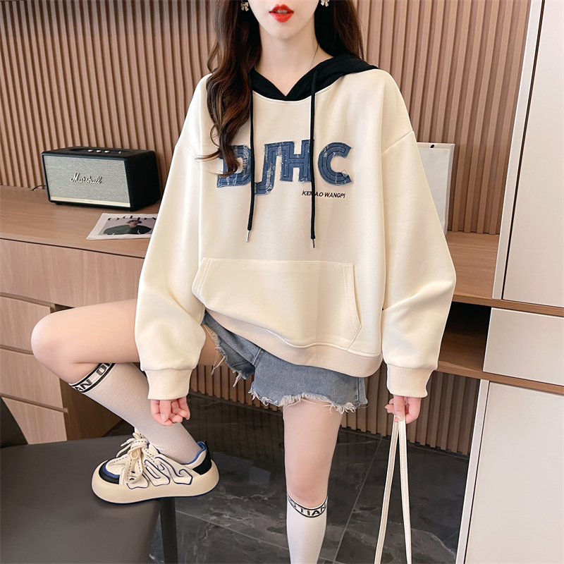 Real shot 2024 spring Korean style loose Chinese cotton composite color matching hooded patch large size thin sweatshirt for women