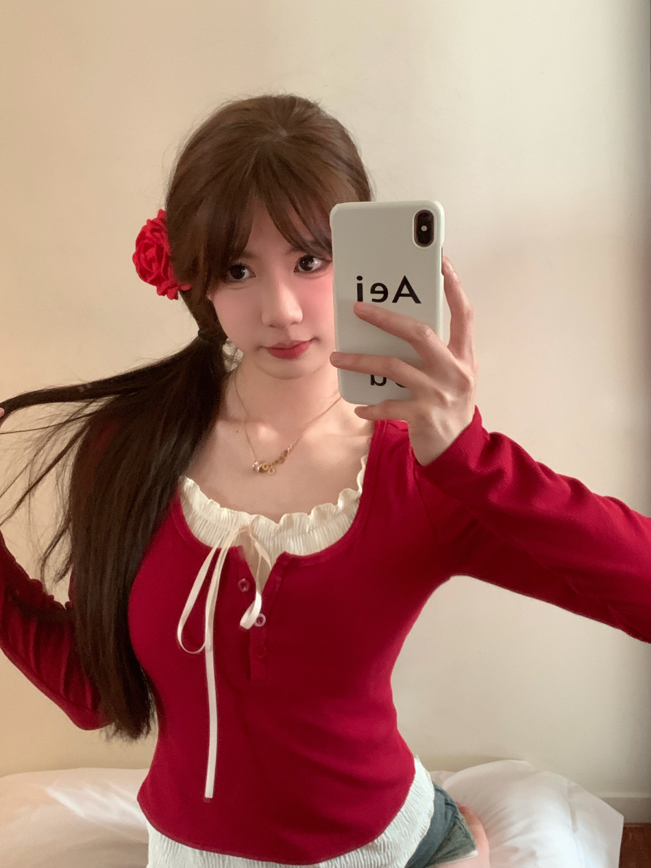 實拍~  假兩件拼接木耳邊長袖T恤春季女設計感修身內搭上衣