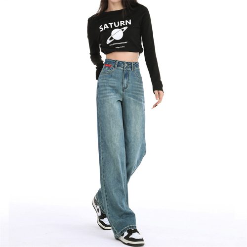 Actual shot of new spring and summer contrasting color straight high-waisted hip-covering slim women's narrow-fit drapey versatile jeans