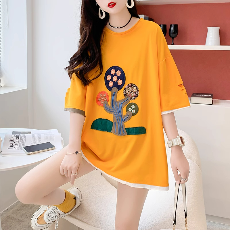 實拍 6535棉重工刺繡2024新款短袖t恤女大碼女裝胖mm上衣服