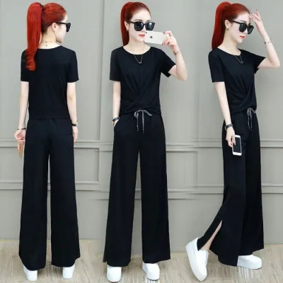 Wide-Leg Pants Sports Suit Women's 2024 Summer New Style Drapey High-Waist Slimming Wide-Leg Pants Two-piece Set