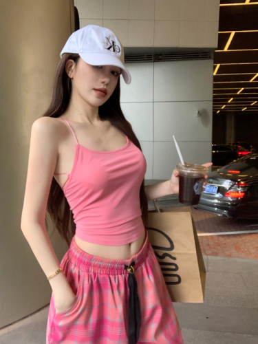 Real shot of designer pink camisole for women + hot girl plaid wide-leg pants and designer casual pants