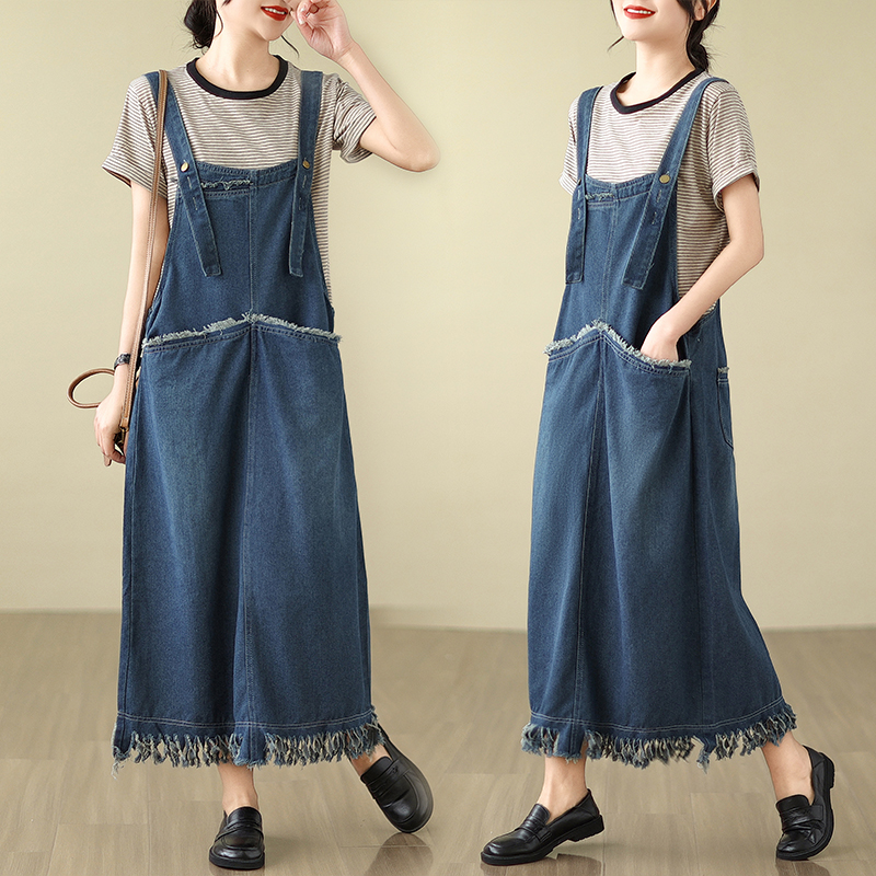 實拍夏裝韓版大碼女裝毛邊設計大口袋牛仔流蘇背帶裙S-5XL200斤