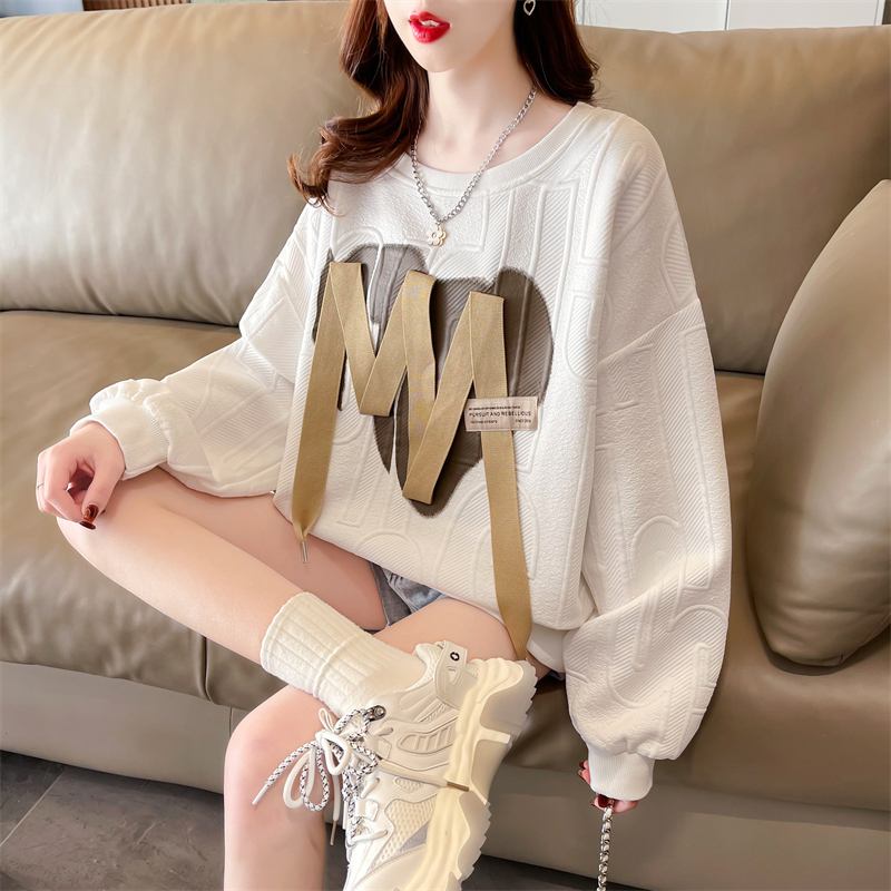 Actual shot of 2024 spring new Korean style loose back collar love jacquard ribbon large size thin sweatshirt for women