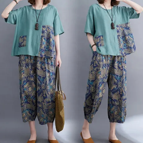 Plus size women's fat mm summer suit slimming splicing printed short-sleeved top wide-leg pants two-piece set