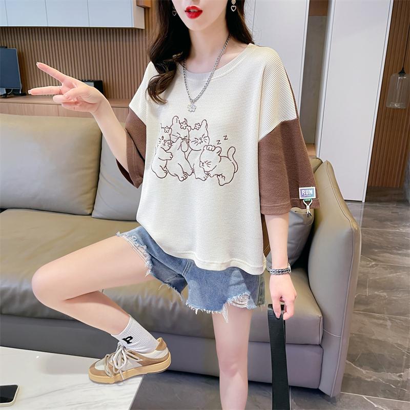實拍 夏季新款韓版寬鬆後包領華夫格撞色刺繡短款短袖T恤女