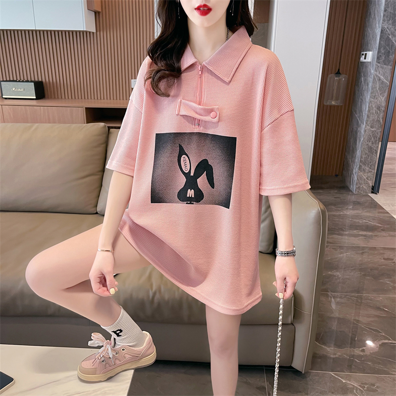 Actual shot of new summer Korean style loose back collar waffle POLO collar zipper printed large size short-sleeved T-shirt for women