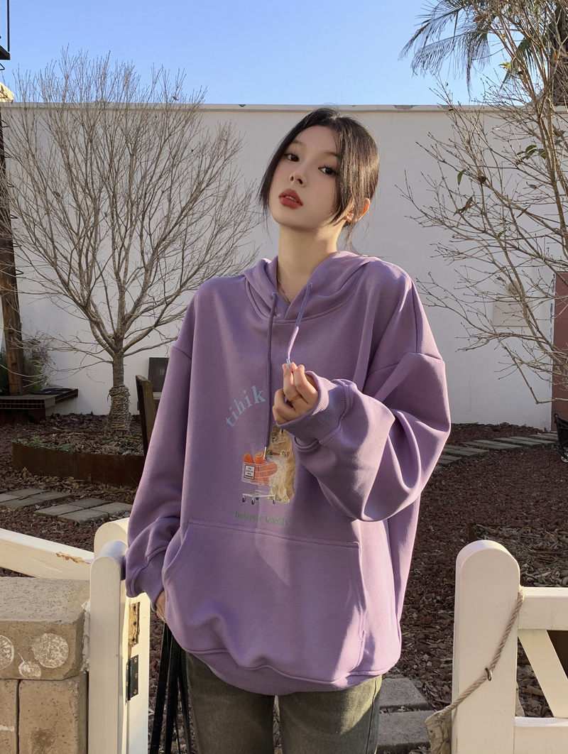 Actual shot~All three labels~American style letter fun printed regular loose hooded sweatshirt