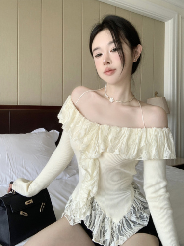 Real shot of Flower Fairy's Dream lace heavy-duty splicing slimming irregular halterneck knitted top