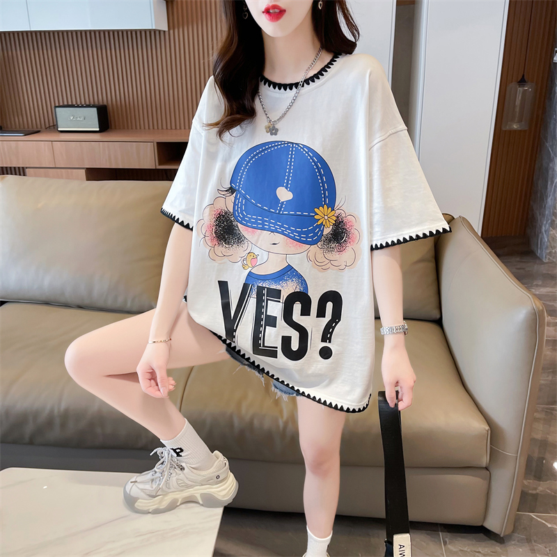 Actual shot of summer Korean style loose back collar waffle lace cartoon print mid-length large size short-sleeved T-shirt for women