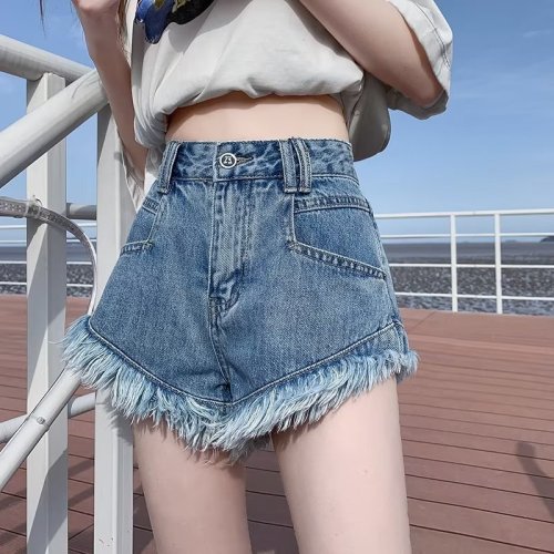 High-waisted pink denim shorts for women summer 2024 new high street ins trendy loose raw edge a-line slimming hot pants