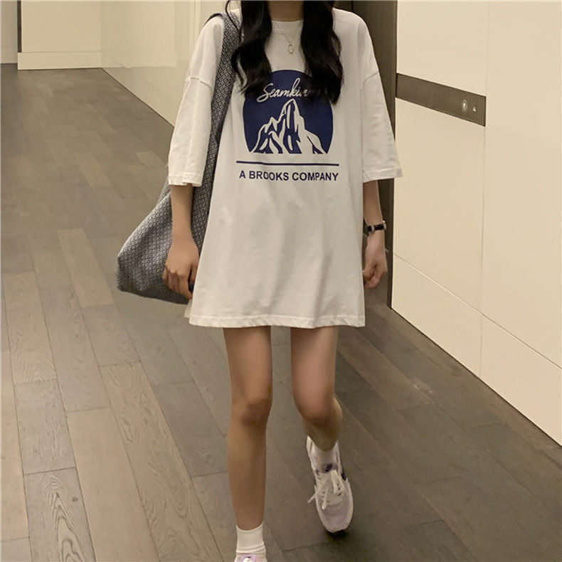 White oversize round neck short-sleeved t-shirt for women summer loose cotton mid-length bottoms missing top ins...