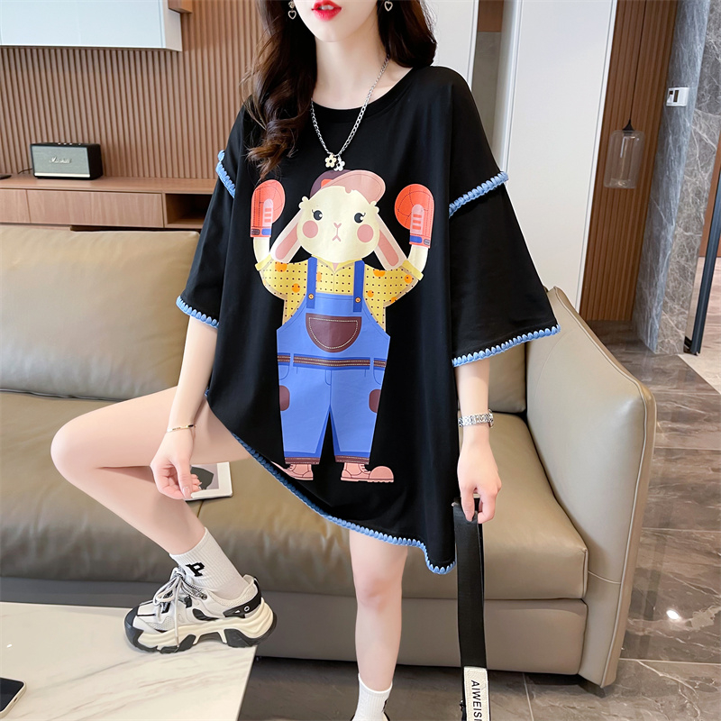 Actual shot of summer new Korean style loose back collar 6535 cartoon print mid-length large size short-sleeved T-shirt for women