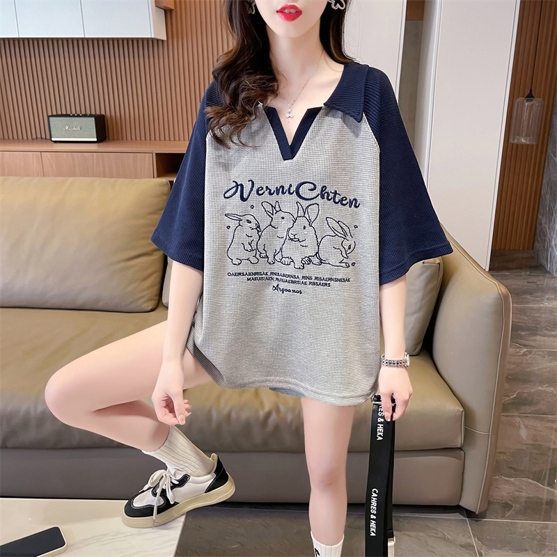 實拍 夏季韓版寬鬆華夫格刺繡POLO領打底衫大碼女裝短袖T恤女