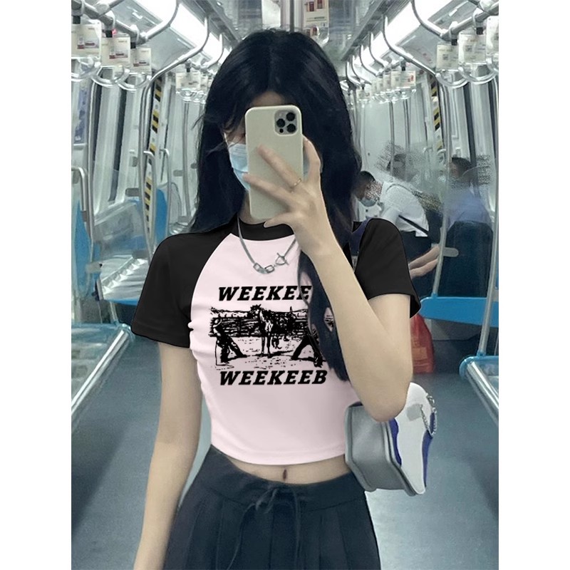 Pure cotton 210g 40 count Odell with elastic live broadcast quality front printed color block short-sleeved T-shirt for women