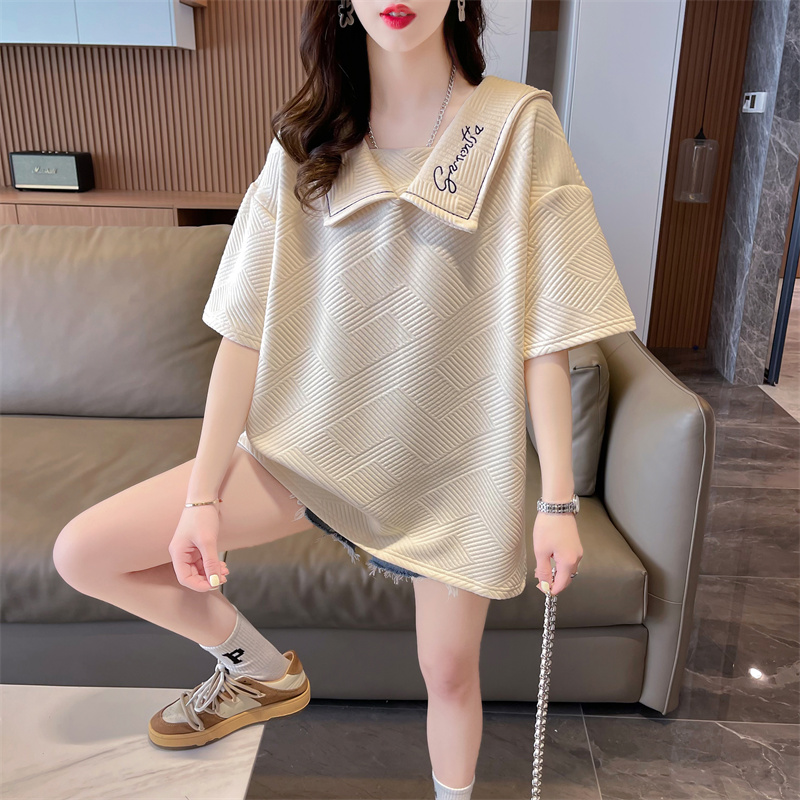 Real shot Summer Korean style loose back bag collar POLO collar jacquard cartoon embroidery large size short-sleeved T-shirt for women
