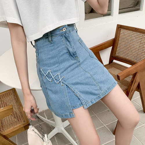 Real shot #Hong Kong style design niche denim short skirt high waist skirt for women plus size fat mm loose split pants skirt