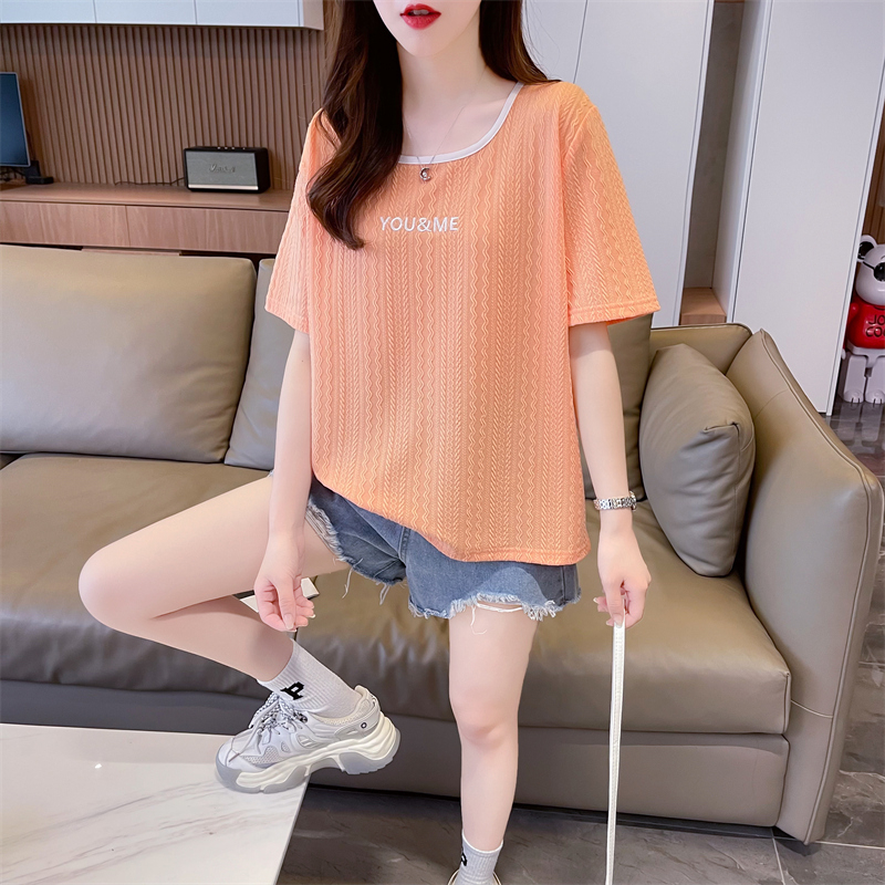 Real shot 2024 summer Korean style loose back bag collar square collar letter embroidery simple large size short-sleeved T-shirt for women