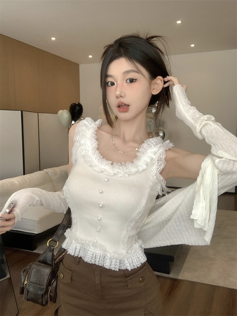 Real shot of pure lust hottie lace design camisole slim sleeveless outer top + cardigan