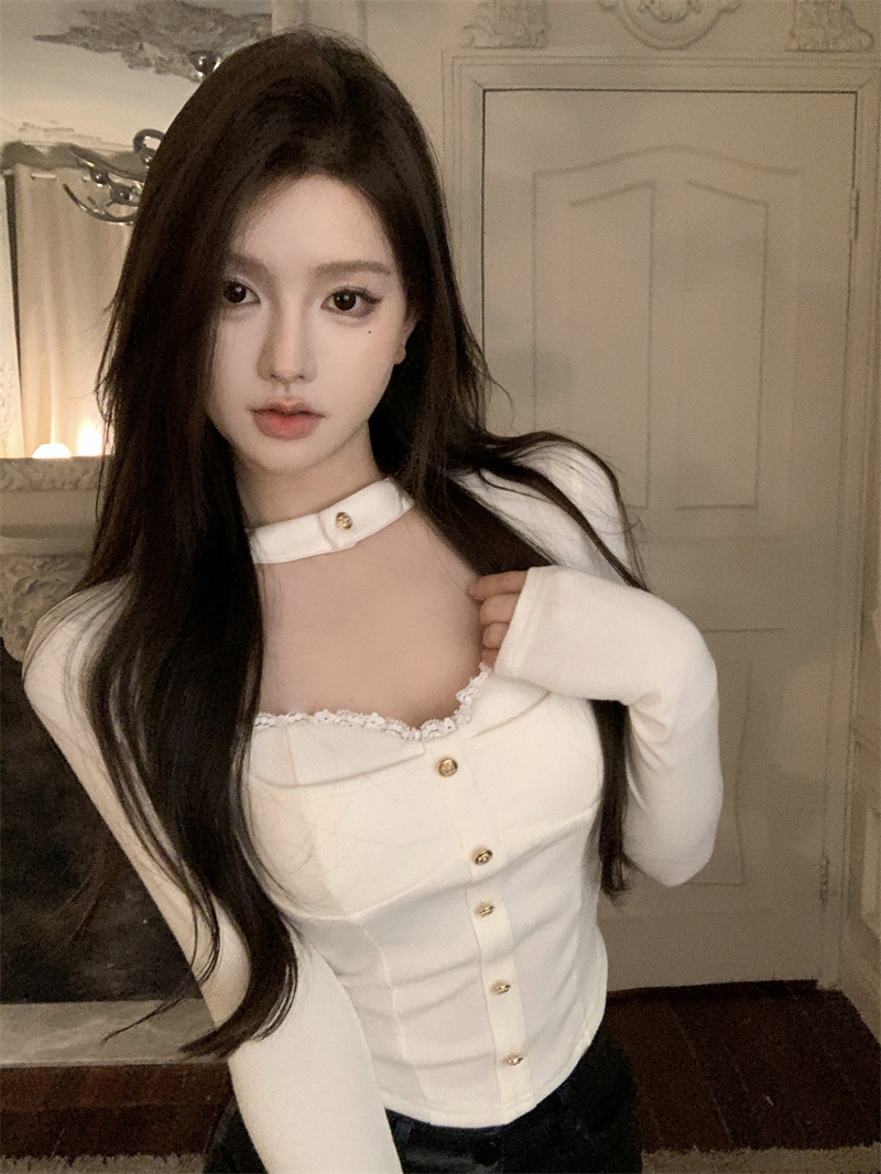 Real shot of Pure Desire Stitched Lace Halter Design Hot Girl Slim Fit Versatile Spring Bottoming Shirt for Women