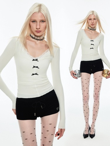 1JINN STUDIO Graceful lazy line slim waist solid color versatile lace V-neck knitted bottoming top