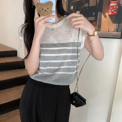 Bamboo linen Korean style refreshing and comfortable slightly see-through contrast striped loose short-sleeved knitted top