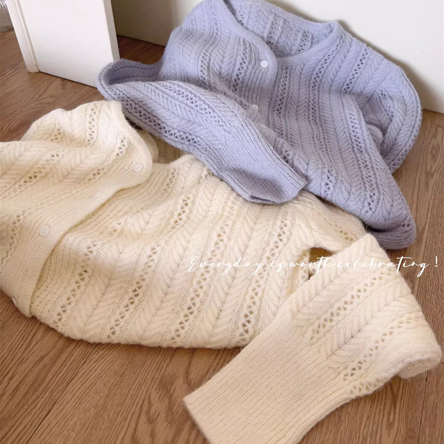 BIBI homemade blue purple/off-white mohair hollow knitted cardigan women's early spring short slim long-sleeved jacket
