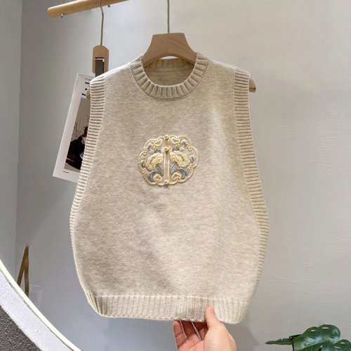 Quality Inspection Official Picture Embroidered Round Neck New Chinese Style Knitted Vest Women's 2024 Spring New Loose Vest Vest