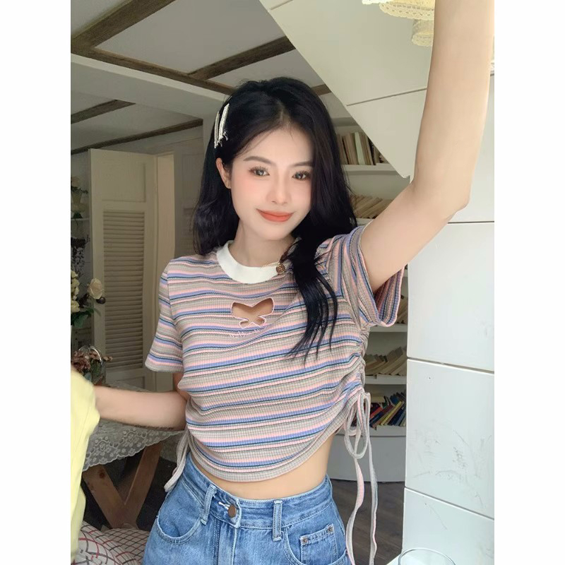 American retro short-sleeved T-shirt for women summer new style chic hollow design irregular top trendy