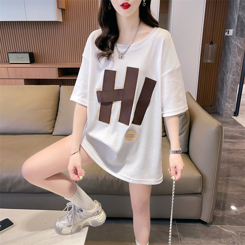 Actual shot of summer new Korean style loose back bag collar round neck patch printed large size short-sleeved T-shirt for women