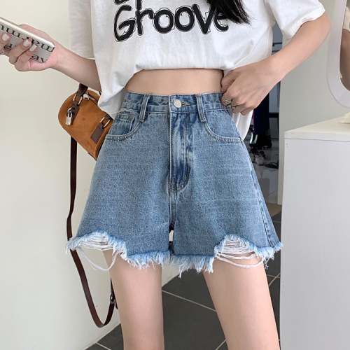 ins trendy denim shorts for women thin summer fat mm plus size fashion high waist casual raw edge wide leg a line hot pants