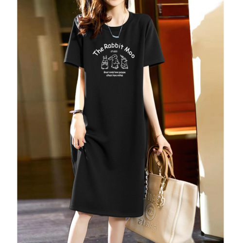 Pure cotton short-sleeved long skirt, loose casual knee-length T-shirt skirt, simple mid-length dress for women, slimming summer