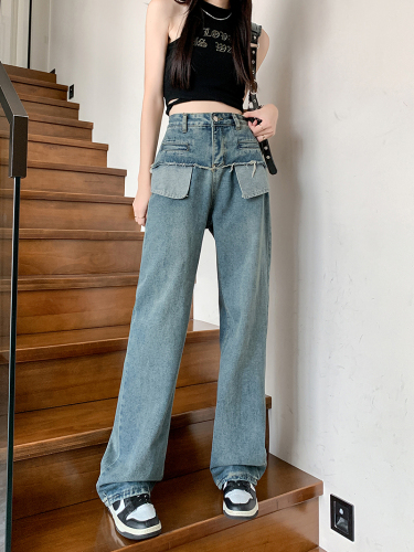 Real shot of design niche splicing loose jeans autumn retro all-match wide-leg pants trousers high-waisted pants
