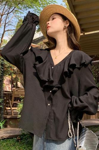 Plus size women's Korean style loose sweet shirt V-neck solid color elegant plus size shirt top