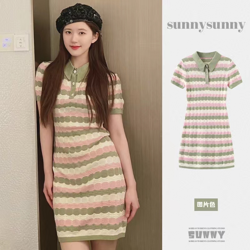 Zhao Lusi's new summer style Polo collar contrasting stripes slim fit age-reducing mid-length knitted dress