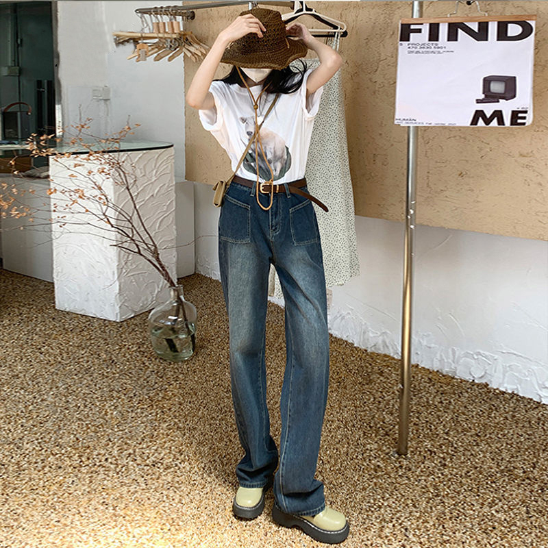 American style large pocket jeans for women, loose autumn and winter style, high waist, straight, large size, wide leg, floor mopping pants