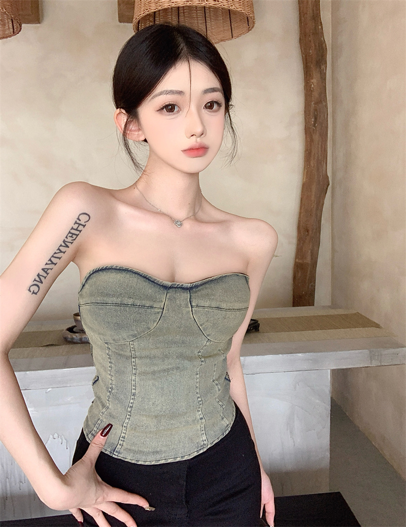 Actual shot of vintage distressed denim tube top