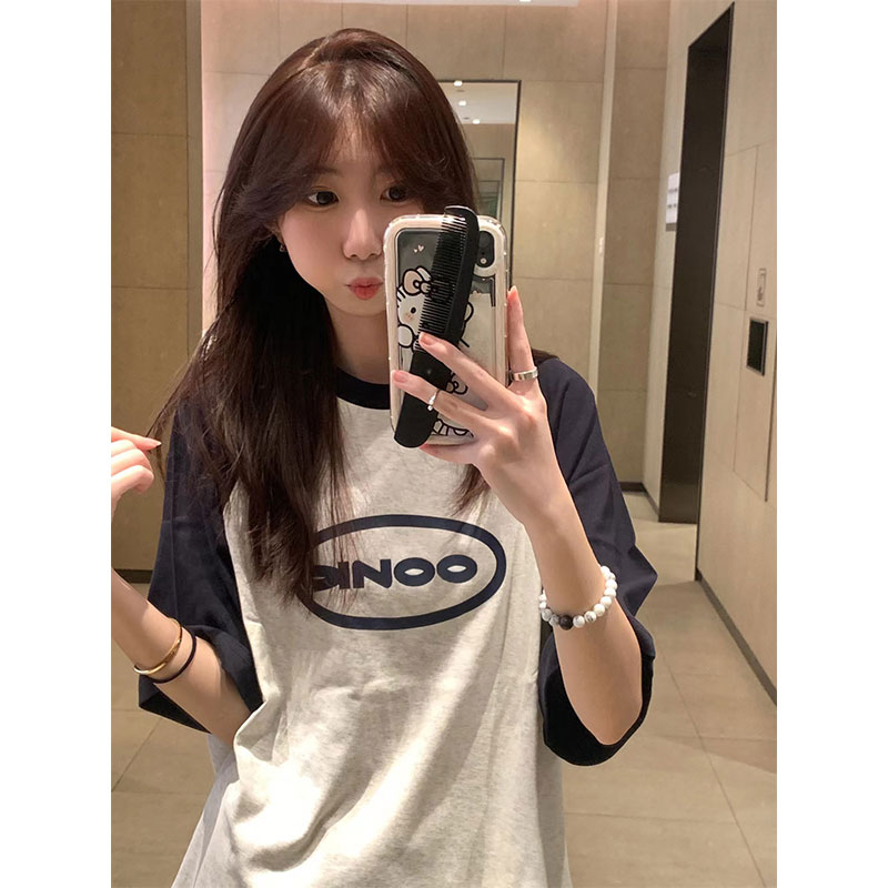 Official picture 6535 cotton American retro letter raglan short-sleeved T-shirt for women summer Hong Kong style short-sleeved top for women
