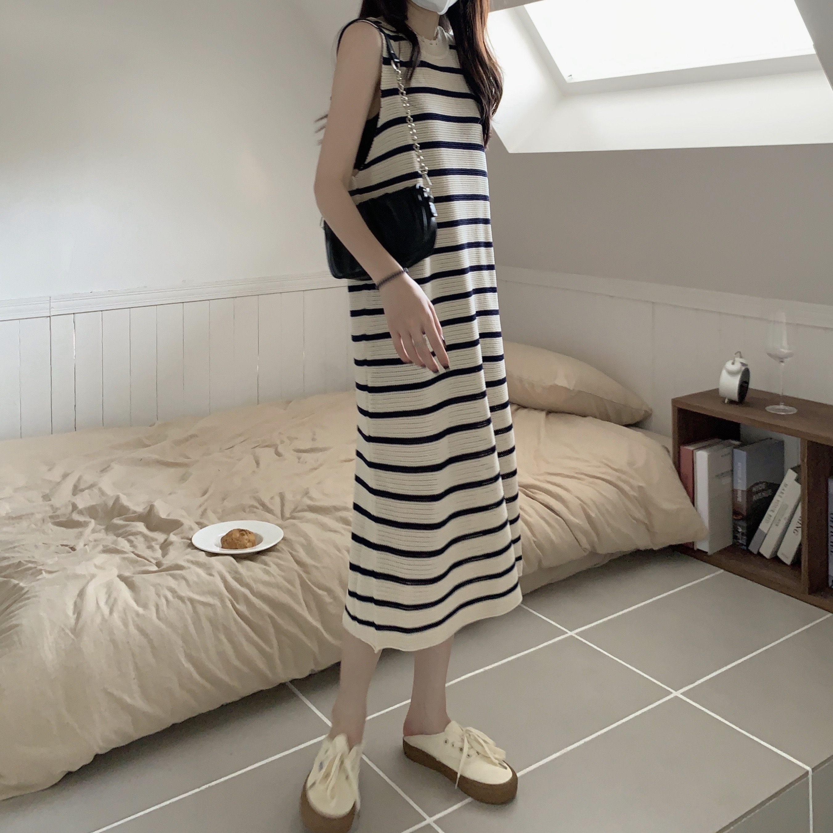 Real shot Korean style knitted dress striped long skirt tall and slimming high waist skirt for women