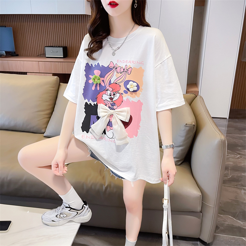 Actual shot of summer new Korean style loose back collar three-dimensional decoration cartoon print large size short-sleeved T-shirt for women