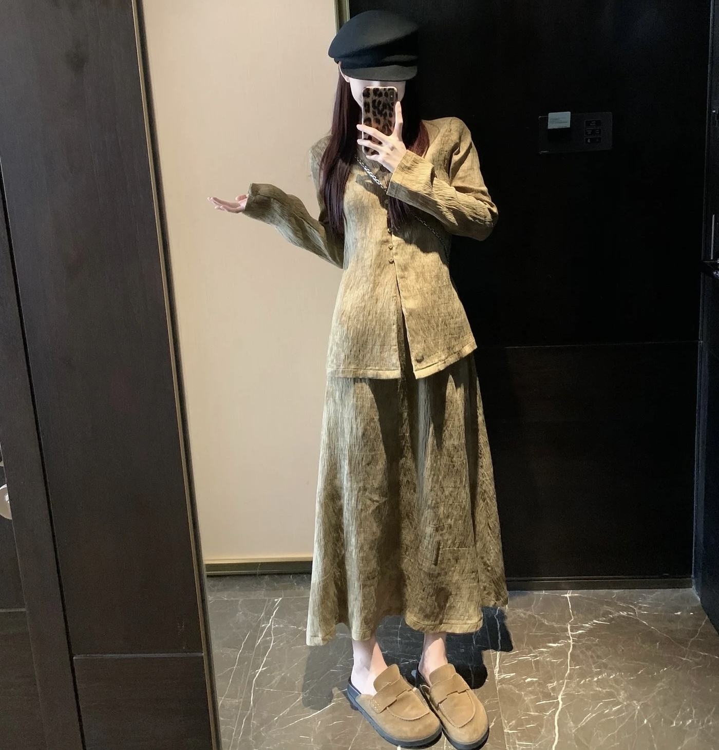 Retro design spring suit skirt for women textured pleated shirt top ➕ high waist half length skirt