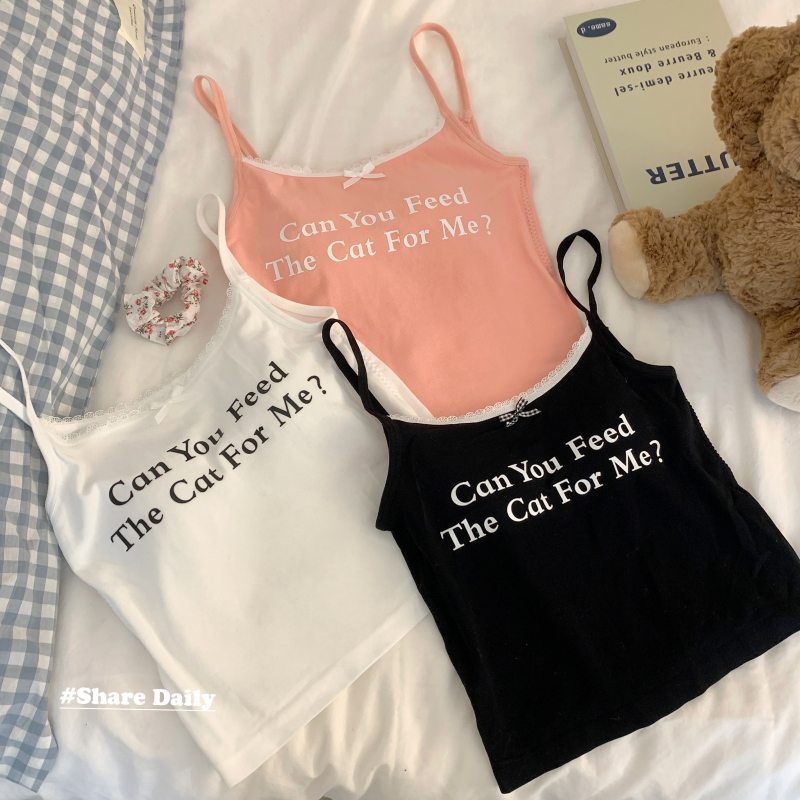 Real shot of sweet hottie letter printed outer camisole slim fit waist small lace versatile top